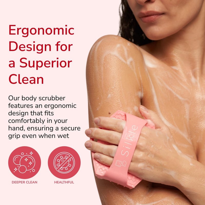 SILKLE Silicone Body Scrubber – Gentle Exfoliating Shower Scrubber for Body & Bath, Silicone Shower Brush & Loofah Alternative – Non-Slip Silicone Body Brush, Quick Dry, Hygienic - Pink - Image 2